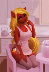 Size: 1654x2423 | Tagged: anthro, anthro oc, apron, artist:frieder1, breasts, cake, chair, clothes, commission, derpibooru import, female, food, housewife, kitchen, kneeling, looking at you, mare, naked apron, oc, sitting, socks, solo, solo female, stockings, suggestive, thigh highs, unofficial characters only, ych result