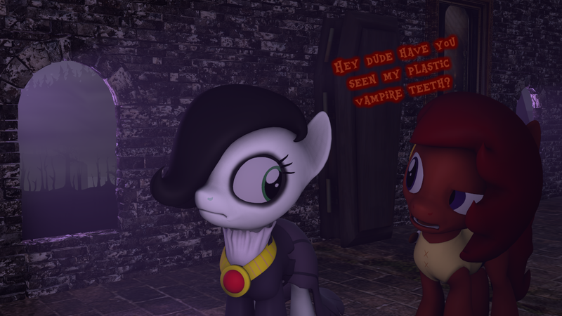 Size: 1280x720 | Tagged: safe, artist:tenebris, derpibooru import, part of a set, oc, oc:emerald jewel, oc:ruby rouge, unofficial characters only, earth pony, pony, colt quest, 3d, clothes, coffin, colt, dress, duo, emorald, eyeshadow, female, filly, foal, funny, jewelry, makeup, male, mirror, necklace, reverse trap, shirt, source filmmaker, stealing, trap
