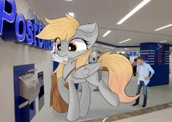 Size: 1446x1023 | Tagged: safe, artist:janelearts, derpibooru import, derpy hooves, human, pegasus, pony, giant pony, irl, irl human, letter, macro, mailmare, mouth hold, photo, ponies in real life, post office