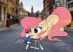 Size: 1359x960 | Tagged: safe, artist:janelearts, derpibooru import, fluttershy, human, pegasus, pony, giant pony, irl, irl human, london, macro, photo, ponies in real life