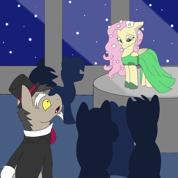 Size: 1280x1280 | Tagged: safe, artist:cococandy2007, derpibooru import, discord, fluttershy, pony, fanfic:bride of discord, clothes, dress, gala dress, hat, pony discord, spotlight, suit, top hat
