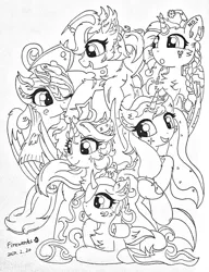 Size: 2448x3188 | Tagged: safe, artist:fireworks sea, derpibooru import, oc, oc:blood kingknight, oc:dusk phoenix, oc:infinity sunshine, oc:metal tramp, oc:nightmare storm, oc:star orchid, unofficial characters only, alicorn, bat pony, dracony, dragon, hybrid, kirin, pony, alicorn oc, horn, traditional art, wings