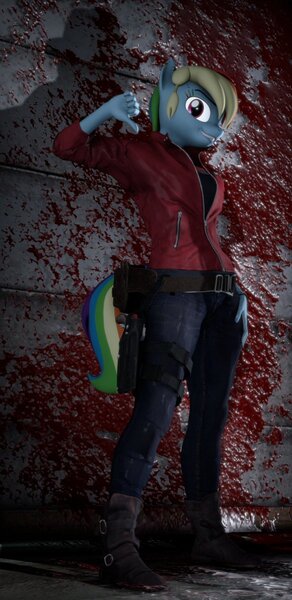 Size: 583x1200 | Tagged: 3d, anthro, artist:gildedbonexfm, blood, claire redfield, clothes, cosplay, costume, derpibooru import, gun, rainbow dash, resident evil, resident evil 2 remake, semi-grimdark, solo, source filmmaker, weapon