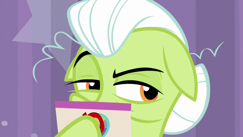 Size: 1920x1080 | Tagged: safe, derpibooru import, screencap, granny smith, earth pony, pony, a trivial pursuit, asking, card, elderly, female, hair bun, hoof hold, host, mare, narrowed eyes, obscured face, question, raised eyebrow, reading, solo, squint, wrinkles