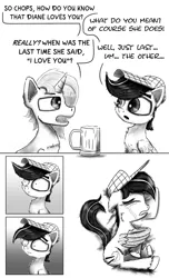 Size: 1024x1684 | Tagged: safe, artist:chopsticks, derpibooru import, oc, oc:chopsticks, oc:sketchy mcpad, unofficial characters only, pegasus, unicorn, comic:wtb is this?, canon x oc, cheek fluff, chest fluff, comic, crying, dialogue, drink, hat, heart, hoof fluff, hug, lying down, male, monochrome, mug, pillow, realization, sad, sketch, stallion, text, this ended in tears, wing hands, winghug, wings