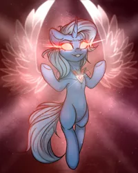 Size: 1280x1598 | Tagged: safe, artist:reterica, derpibooru import, trixie, alicorn, pony, unicorn, magic duel, alicorn amulet, alicornified, artificial wings, augmented, female, glowing eyes, magic, magic wings, mare, missing cutie mark, powerful, race swap, red eyes take warning, solo, trixiecorn, wings, xk-class end-of-the-world scenario