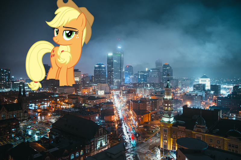 Size: 3840x2560 | Tagged: safe, artist:dashiesparkle, artist:jerryakiraclassics19, derpibooru import, applejack, pony, building, city, cowboy hat, female, giant pony, giantess, hat, highrise ponies, indianapolis, irl, macro, mare, mega applejack, photo, ponies in real life, scenery, stetson