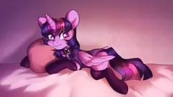 Size: 2846x1606 | Tagged: safe, artist:sugarstar, derpibooru import, twilight sparkle, twilight sparkle (alicorn), alicorn, pony, descended twilight, adorasexy, bed, blushing, cheek fluff, chest fluff, clothes, collar, cute, female, folded wings, horn, hug, looking at you, lying down, mare, panties, pillow, pillow hug, rcf community, sexy, shirt, smiling, socks, solo, twiabetes, underwear, wings