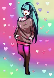 Size: 2000x2900 | Tagged: safe, artist:rileyav, derpibooru import, sonata dusk, human, equestria girls, clothes, cute, happy, heart, high res, humanized, long hair, off shoulder, open mouth, socks, solo, sonatabetes, stockings, sweater, thigh highs