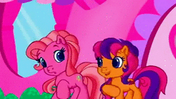 Size: 1280x720 | Tagged: safe, derpibooru import, screencap, pinkie pie (g3), scootaloo (g3), sweetie belle's gumball house surprise, animated, g3.5, sound, webm