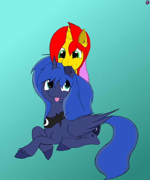 Size: 5120x6144 | Tagged: safe, artist:terminalhash, derpibooru import, princess luna, oc, oc:rouzfirecarrot, alicorn, pony, unicorn, biting, ear bite, tongue out