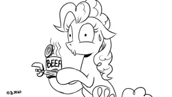 Size: 1200x675 | Tagged: safe, artist:pony-berserker, derpibooru import, pinkie pie, earth pony, pony, beef, black and white, can, can opener, female, food, grayscale, implied ponies eating meat, lineart, mare, meat, monochrome, pony-berserker's twitter sketches, rick and morty, signature, simple background, sitting, solo, style emulation, sweat, sweatdrop, white background