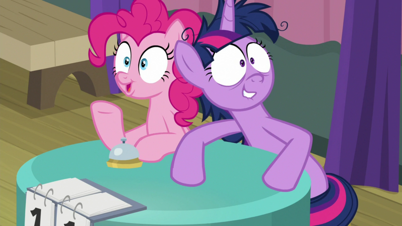 Size: 1920x1080 | Tagged: safe, derpibooru import, screencap, pinkie pie, twilight sparkle, twilight sparkle (alicorn), alicorn, earth pony, pony, a trivial pursuit, bags under eyes, bell, crazy face, duo, faic, female, hooves on the table, idea, lip bite, mare, messy mane, paranoid, paranoid twilight, puckered lips, raised hoof, shrunken pupils, team twipie, trivia trot, twilight snapple, twilighting