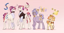 Size: 3713x1963 | Tagged: safe, artist:bunnari, derpibooru import, oc, oc:lemonade stand, oc:rhyme, oc:ribbon bow, oc:riddle, earth pony, pony, unicorn, bow, colt, female, high res, male, mare, offspring, parent:cheerilee, parent:flam, parent:flim, parent:suri polomare, parents:cheeriflam, parents:suriflim, stallion, tail bow