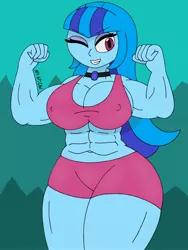 Size: 1932x2576 | Tagged: safe, artist:c_w, derpibooru import, sonata dusk, equestria girls, abs, biceps, breasts, buff, busty sonata dusk, cleavage, clothes, erect nipples, eyeshadow, female, jewelry, makeup, muscles, muscular female, nipple outline, pendant, shorts, smiling, swolenata dusk, wide hips, winking at you