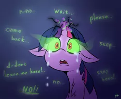 Size: 1280x1045 | Tagged: semi-grimdark, artist:fakskis, derpibooru import, twilight sparkle, pony, unicorn, chest fluff, corrupted, corrupted twilight sparkle, crying, dark magic, female, floppy ears, greatest fear, green eyes, horn, magic, mare, open mouth, red pupils, remake, sad, solo, solo female, sombra eyes, text