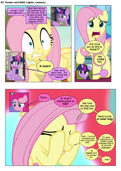 Size: 868x1228 | Tagged: safe, artist:dziadek1990, derpibooru import, edit, edited screencap, screencap, fluttershy, pinkie pie, twilight sparkle, twilight sparkle (alicorn), oc, oc:shade, alicorn, earth pony, pegasus, pony, comic:ponies and d&d, automail, comic, conversation, dialogue, dungeons and dragons, emote story:ponies and d&d, female, mare, pen and paper rpg, rpg, screencap comic, slice of life, text