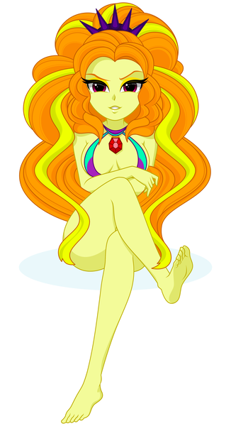 Size: 2256x4156 | Tagged: suggestive, artist:rosemile mulberry, derpibooru import, adagio dazzle, equestria girls, barefoot, beautiful, bottomless, breasts, cleavage, clothes, crossed legs, feet, female, full body, gem, headband, looking at you, partial nudity, siren gem, solo, spiked headband, swimsuit