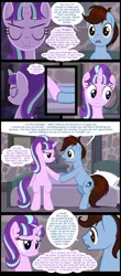 Size: 1122x2544 | Tagged: safe, artist:culu-bluebeaver, derpibooru import, starlight glimmer, oc, oc:bluehooves, earth pony, unicorn, comic:the newcomer, the cutie map, bed, bedroom, canon x oc, comic, conflicted, dialogue, eyes closed, female, glimmooves, holding hooves, looking at each other, male, mare, messy mane, s5 starlight, speech bubble, stallion, thought bubble, upset