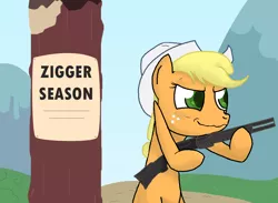 Size: 1051x771 | Tagged: safe, deleted from derpibooru, derpibooru import, applejack, earth pony, pony, /mlpol/, bigotjack, bipedal, drama bait, female, gun, hoof hold, image, jpeg, low quality bait, mare, mlpol, out of character, racism, shotgun, weapon, ziggers