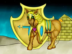 Size: 1400x1050 | Tagged: arabian, artist:maxhe, derpibooru import, golden armor, horse, oc, oc:maxh vezpyre, pyramid, safe, scar, shield