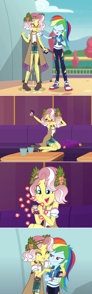 Size: 1000x3200 | Tagged: questionable, artist:the_real_me, deleted from derpibooru, derpibooru import, edit, edited screencap, screencap, rainbow dash, vignette valencia, equestria girls, equestria girls series, rollercoaster of friendship, accident, blushing, boots, clothes, comic, converse, fetish, high heel boots, leggings, mobile phone, pee edit, peeing in pants, phone, pissing, pissing on self, pixiv, selfie, shoes, shorts, smartphone, sneakers, urine, watersports, wetting