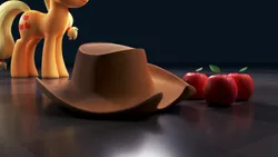 Size: 5120x2880 | Tagged: safe, artist:zgcbrony, derpibooru import, applejack, earth pony, pony, 3d, apple, applejack's hat, blender, blender cycles, cowboy hat, food, hat, solo