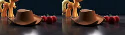 Size: 3840x1080 | Tagged: safe, artist:zgcbrony, derpibooru import, applejack, earth pony, pony, 3d, apple, applejack's hat, blender, blender cycles, cowboy hat, food, hat, solo, stereoscopy, wall eye stereogram