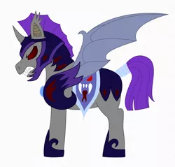 Size: 1967x1878 | Tagged: safe, artist:chili19, derpibooru import, oc, unofficial characters only, alicorn, bat pony, bat pony alicorn, pony, armor, bat pony oc, bat wings, fangs, glowing eyes, gritted teeth, helmet, horn, night guard, red eyes, saddle, sharp teeth, simple background, solo, tack, tail wrap, teeth, white background, wings