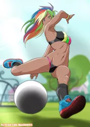 Size: 2893x4092 | Tagged: suggestive, alternate version, artist:rambon7, derpibooru import, kotobukiya, rainbow dash, human, equestria girls, anime, armpits, belly button, breasts, clothes, football, midriff, patreon, solo, sports, sports bra, sports panties, workout outfit