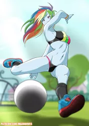 Size: 2893x4092 | Tagged: suggestive, alternate version, artist:rambon7, derpibooru import, rainbow dash, equestria girls, armpits, belly button, breasts, clothes, fit, football, midriff, patreon, solo, sports, sports bra, sports panties, workout outfit