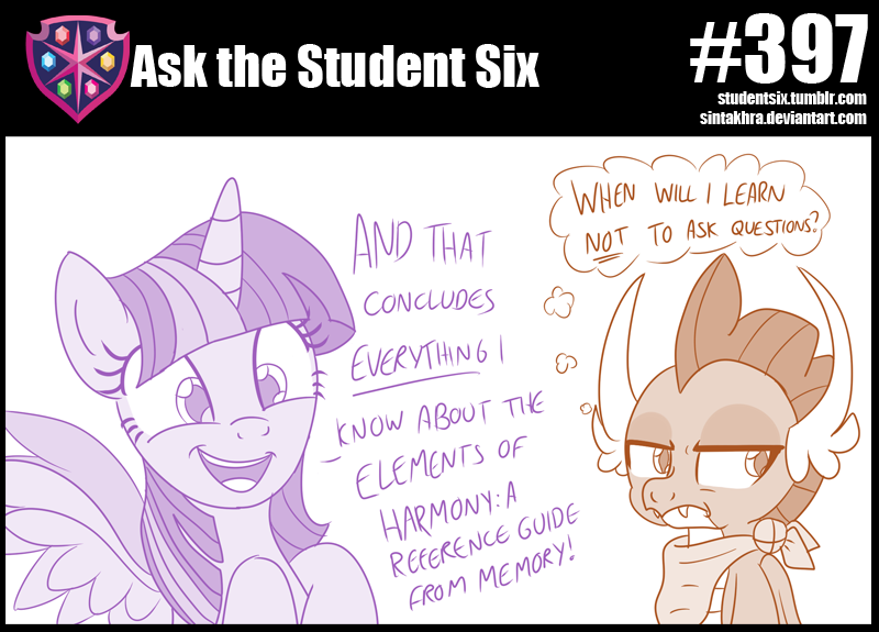 Size: 800x575 | Tagged: safe, artist:sintakhra, derpibooru import, smolder, twilight sparkle, twilight sparkle (alicorn), alicorn, dragon, pony, tumblr:studentsix, adorkable, bandana, cute, dork, female, mare, smolder is not amused, smolderbetes, tsundere, unamused