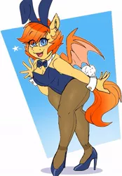 Size: 701x1005 | Tagged: safe, artist:littlebibbo, derpibooru import, oc, oc:jellybean, unofficial characters only, anthro, bat pony, bat pony oc, bat wings, bowtie, breasts, bunny ears, bunny suit, bunny tail, clothes, cuffs (clothes), ear fluff, fangs, female, happy, high heels, leotard, looking at you, mare, open mouth, pantyhose, shoes, slit eyes, smiling, solo, wings