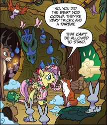 Size: 464x540 | Tagged: safe, derpibooru import, idw, fluttershy, bird, butterfly, deer, fox, pegasus, pony, rabbit, tortoise, ponies of dark water, spoiler:comic44, animal, comic, cropped, dust cloud, female, mare, official comic, poison ivyshy, speech bubble, stag, zecora's hut