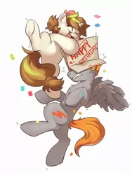 Size: 1800x2400 | Tagged: safe, artist:drtuo4, derpibooru import, oc, oc:aj, unofficial characters only, pegasus, pony, unicorn, box, confetti, simple background, white background