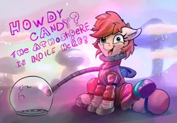 Size: 2822x1949 | Tagged: safe, artist:xbi, derpibooru import, oc, oc:rusty gears, unofficial characters only, earth pony, pony, astronaut, crack, dialogue, dizzy, female, helmet, mare, nitrous oxide, pun, solo, spacesuit