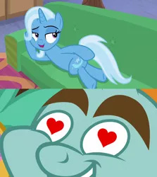 Size: 1280x1436 | Tagged: common ground, derpibooru import, draw me like one of your french girls, edit, edited screencap, female, heart eyes, male, road to friendship, safe, screencap, shipping, shipping domino, snips, straight, trips, trixie, wingding eyes