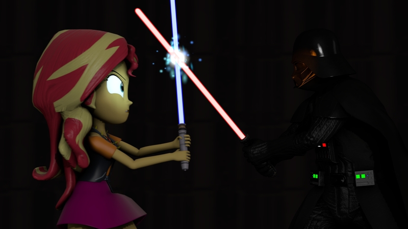 Size: 4675x2630 | Tagged: safe, artist:fazbearsparkle, derpibooru import, sunset shimmer, equestria girls, equestria girls series, 3d, a new hope, clothes, darth vader, fight, lightsaber, luke skywalker, miniskirt, skirt, source filmmaker, star wars, weapon