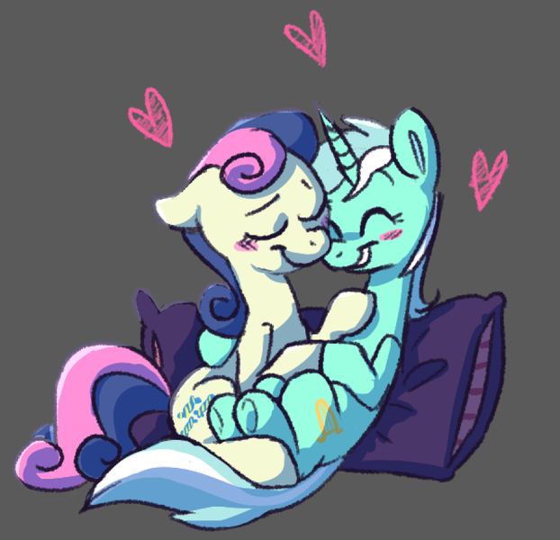 Size: 906x874 | Tagged: safe, artist:corgitheborki, derpibooru import, bon bon, lyra heartstrings, sweetie drops, earth pony, pony, unicorn, adorabon, blushing, couple, cuddling, cute, eyes closed, female, gray background, heart, lesbian, lyrabetes, lyrabon, pillow, shipping, simple background