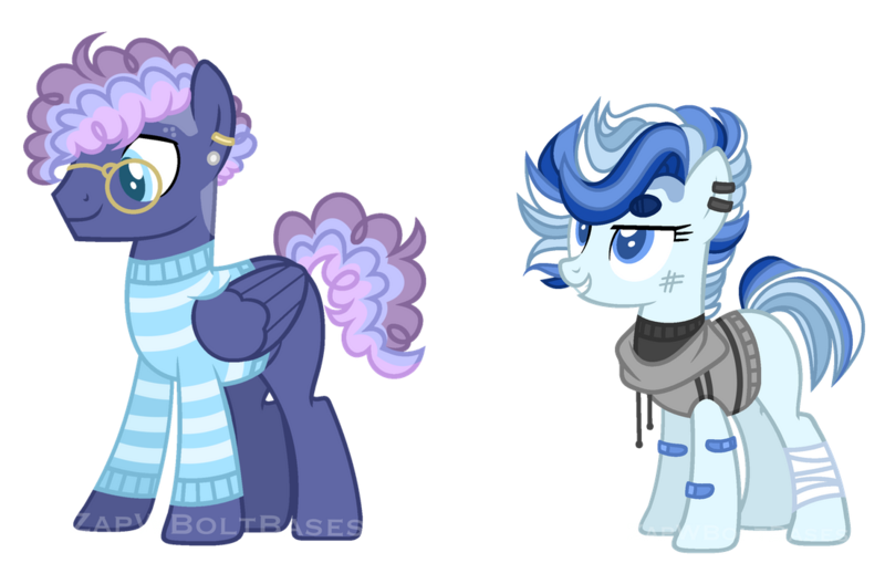 Size: 1101x726 | Tagged: safe, artist:zapwboltbases, derpibooru import, oc, oc:blueberry bop, oc:north point, unofficial characters only, earth pony, pegasus, pony, bandage, bandaid, blank flank, clothes, duo, ear piercing, earring, female, glasses, grin, hoodie, jewelry, magical gay spawn, magical lesbian spawn, male, mare, multicolored hair, offspring, parent:double diamond, parent:night glider, parent:party favor, parent:sugar belle, parents:partydiamond, parents:sugarglider, piercing, scratches, simple background, size difference, sleeveless, sleeveless sweater, smiling, stallion, striped sweater, sweater, transparent background, watermark