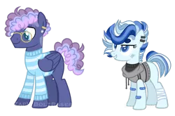 Size: 1101x726 | Tagged: safe, artist:zapwboltbases, derpibooru import, oc, oc:blueberry bop, oc:north point, unofficial characters only, earth pony, pegasus, pony, bandage, bandaid, blank flank, clothes, duo, ear piercing, earring, female, glasses, grin, hoodie, jewelry, magical gay spawn, magical lesbian spawn, male, mare, multicolored hair, offspring, parent:double diamond, parent:night glider, parent:party favor, parent:sugar belle, parents:partydiamond, parents:sugarglider, piercing, scratches, simple background, size difference, sleeveless, sleeveless sweater, smiling, stallion, striped sweater, sweater, transparent background, watermark