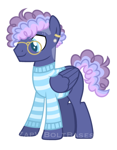 Size: 1520x1956 | Tagged: safe, artist:zapwboltbases, derpibooru import, oc, oc:blueberry bop, unofficial characters only, pegasus, pony, blank flank, clothes, ear piercing, earring, glasses, jewelry, magical lesbian spawn, male, multicolored hair, offspring, parent:night glider, parent:sugar belle, parents:sugarglider, piercing, simple background, solo, stallion, striped sweater, sweater, transparent background