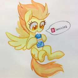 Size: 1440x1440 | Tagged: safe, artist:dawnfire, derpibooru import, spitfire, pegasus, pony, 🅱, bionicle, cute, cutefire, female, flying, lego, mare, simple background, smiling, solo, spitfire's bionicles, traditional art, white background