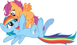 Size: 1169x684 | Tagged: safe, artist:kysss90, artist:mickeymonster, derpibooru import, rainbow dash, scootaloo, pegasus, pony, backwards cutie mark, blank flank, cute, cutealoo, dashabetes, duo, eye contact, female, filly, holding a pony, hoof hold, lifting, looking at each other, lying down, mare, midair, on back, scootalove, show accurate, simple background, transparent background, vector