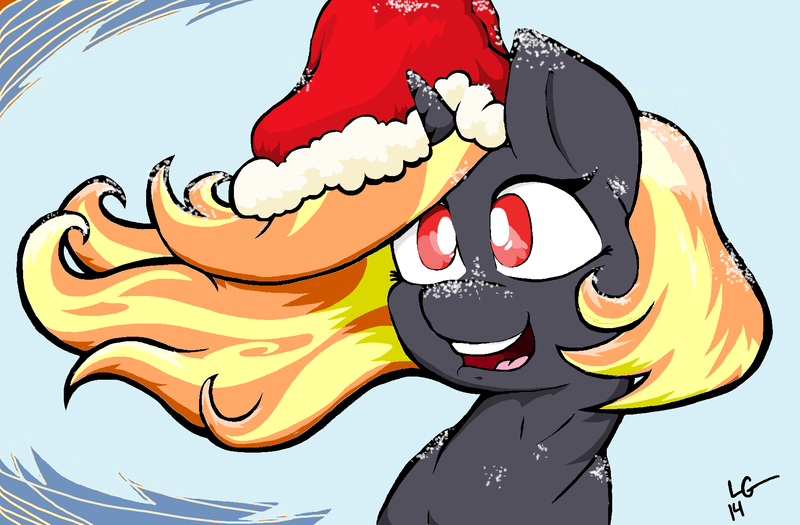 Size: 1768x1160 | Tagged: safe, alternate version, artist:lucas_gaxiola, derpibooru import, oc, oc:incendia, unofficial characters only, pony, unicorn, :d, abstract background, bust, christmas, female, hat, holiday, horn, mare, open mouth, santa hat, signature, smiling, solo, unicorn oc