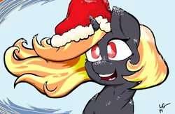 Size: 1768x1160 | Tagged: safe, alternate version, artist:lucas_gaxiola, derpibooru import, oc, oc:incendia, unofficial characters only, pony, unicorn, :d, abstract background, bust, christmas, female, hat, holiday, horn, mare, open mouth, santa hat, signature, smiling, solo, unicorn oc