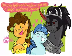 Size: 1080x838 | Tagged: safe, artist:virtualkidavenue, derpibooru import, cheese sandwich, king sombra, party favor, earth pony, pony, unicorn, cheesefavor, crack shipping, gay, male, party sombra, polyamory, shipping