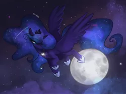 Size: 2048x1536 | Tagged: safe, artist:siripim111, derpibooru import, princess luna, alicorn, pony, chest fluff, ethereal mane, female, flying, full moon, galaxy mane, leg fluff, mare, moon, night, shooting star, sky, solo, spread wings, starry mane, starry night, stars, wings