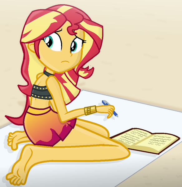 Size: 900x924 | Tagged: safe, artist:grapefruitface1, derpibooru import, sunset shimmer, equestria girls, equestria girls series, forgotten friendship, barefoot, beach, beach towel, bikini, book, clothes, feet, legs, looking back, notebook, pen, solo, summer sunset, swimsuit, worried