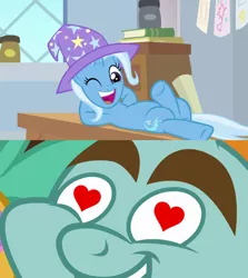 Size: 1280x1436 | Tagged: a horse shoe-in, common ground, derpibooru import, edit, edited screencap, female, heart eyes, male, safe, screencap, shipping, shipping domino, snips, straight, trips, trixie, wingding eyes